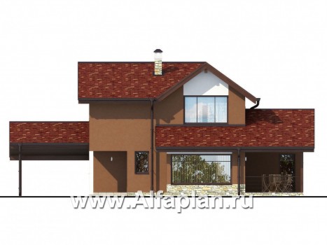 Проект каркасного двухэтажного дома, с большой террасой, планировка 2 спальни, с навесом на 1 авто - превью фасада дома