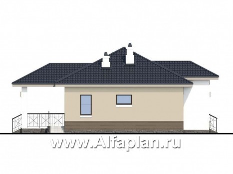 «Княженика» - проект одноэтажного дома, с террасой, планировка 2 спальни и сауна, навес на 1 авто, для небольшой семьи - превью фасада дома