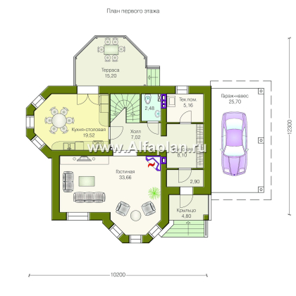 «Классика» -  проект двухэтажного дома с эркером и с навесом для авто - превью план дома