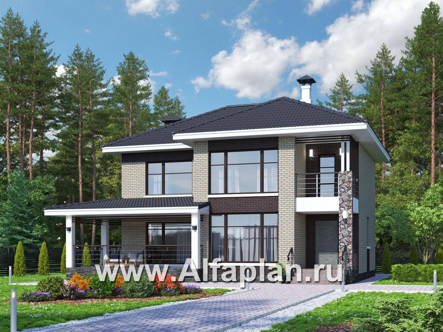 Проекты домов Альфаплан - «Саар»- современный двухэтажный дом с террасой - основное изображение