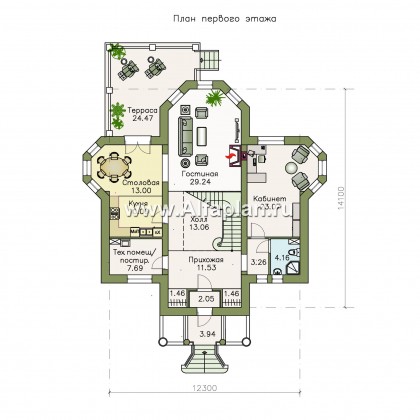 «Головин»-проект двухэтажного дома из газобетона, планировка с лестницей в центре и вторым светом, в классическом стиле - превью план дома