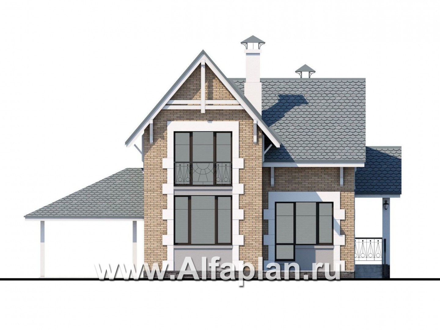 Проекты домов Альфаплан - Коттедж из кирпича «Кадет» с гаражом навесом - изображение фасада №4