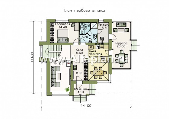 «Роман с камнем» — проект двухэтажного дома, планировка дома со вторым светом столовой и с террасой - превью план дома