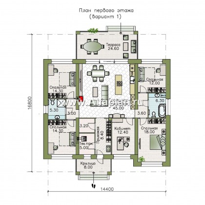 «Зодиак» - проект одноэтажного дома из газобетона с пятью жилыми комнатами - превью план дома