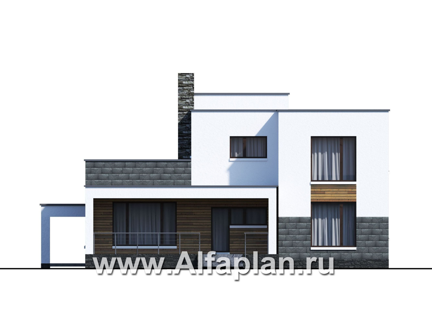 Проекты домов Альфаплан - «Футура» - современный двухэтажный дом с плоской кровлей и гаражом-навесом - изображение фасада №4
