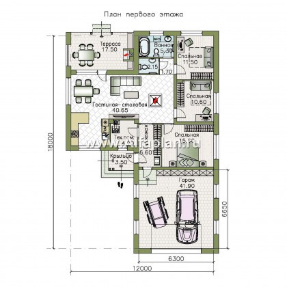 Проекты домов Альфаплан - «Калисто» - одноэтажный коттедж с гаражом на два автомобиля - превью плана проекта №1