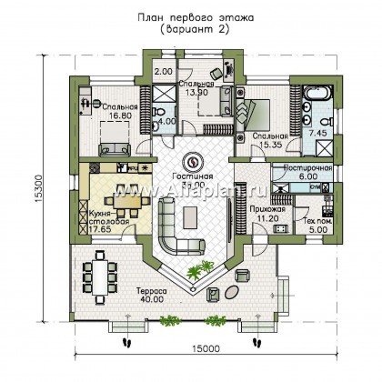 Проекты домов Альфаплан - «Вектор» - одноэтажный дом с большим остеклением гостиной - превью плана проекта №2