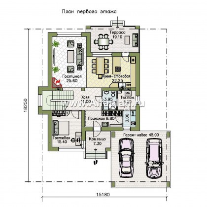 Проекты домов Альфаплан - «Престиж» - проект удобного и просторного дома с плоской кровлей, и гаражом-навесом - превью плана проекта №1