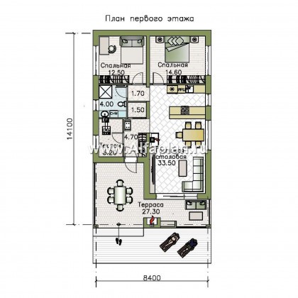 Проекты домов Альфаплан - «Мелета» - уютный одноэтажный дом с террасой - превью плана проекта №1
