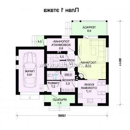 Проект дома с мансардой, 3 спальни, с террасой и с гаражом, дачный коттедж - превью план дома