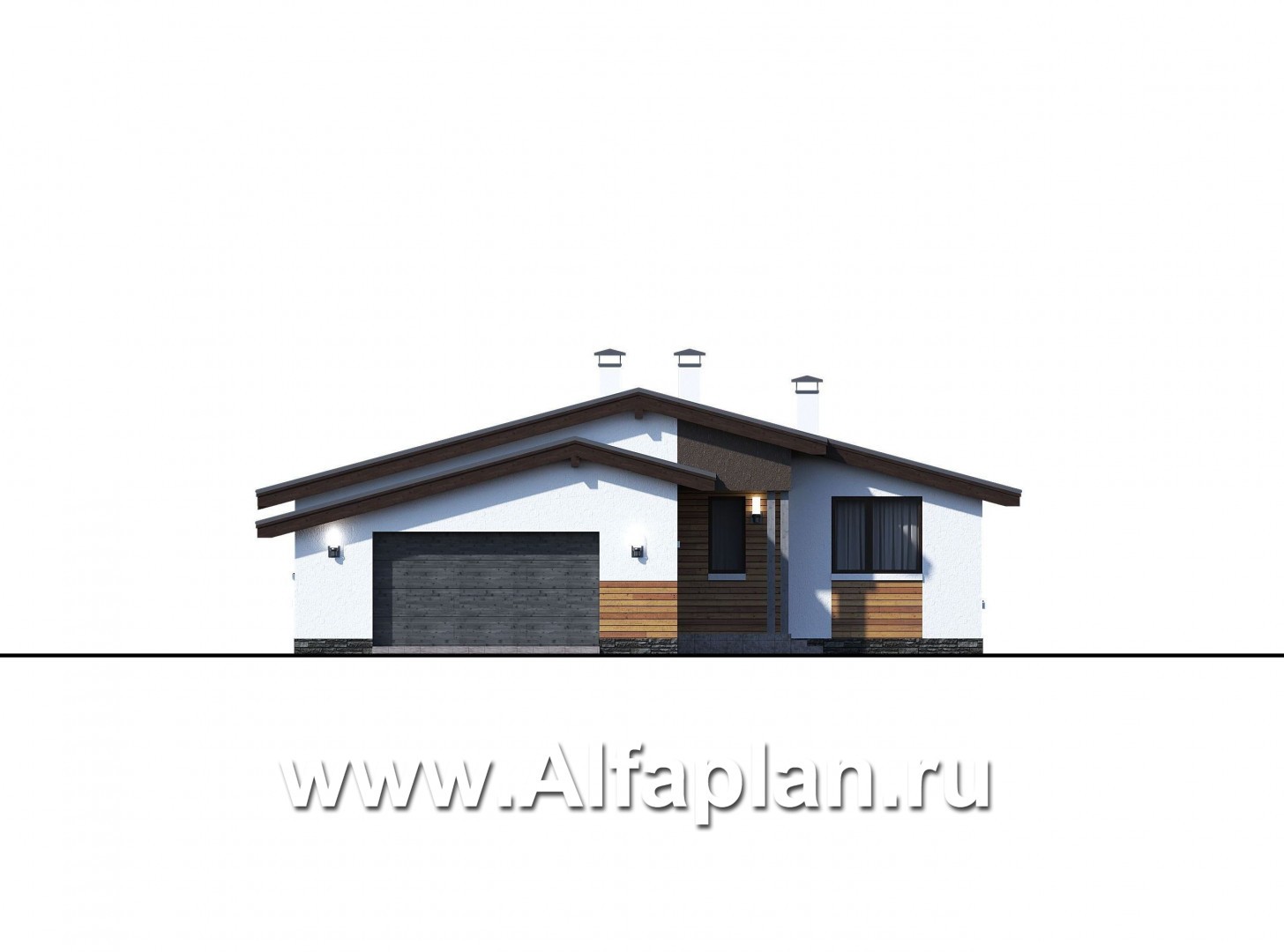 Проекты домов Альфаплан - «Калисто» - одноэтажный коттедж с гаражом на два автомобиля - изображение фасада №1