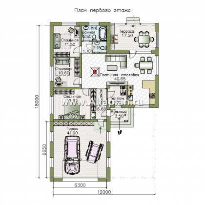 Проекты домов Альфаплан - «Калисто» - одноэтажный коттедж с гаражом на два автомобиля - превью плана проекта №1