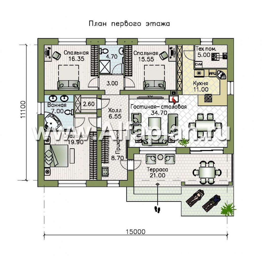 Проекты домов Альфаплан - "Гравитация" - проект одноэтажного дома с тремя спальнями - план проекта №1