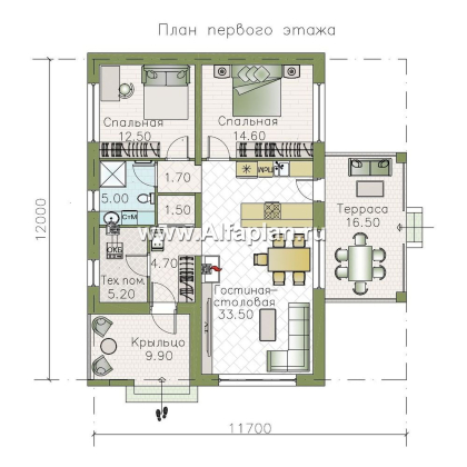 Проекты домов Альфаплан - «Корица» - одноэтажный дом с односкатной крышей, с двумя спальнями - превью плана проекта №1