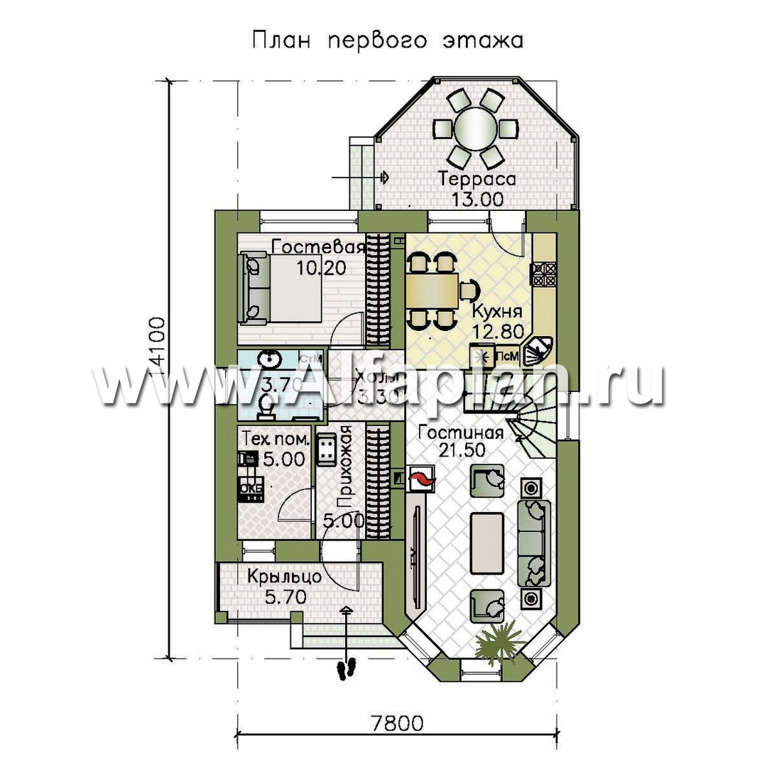«Аврора» - проект двухэтажного дома из газобетона с эркером, с кабинетом и с террасой - план дома