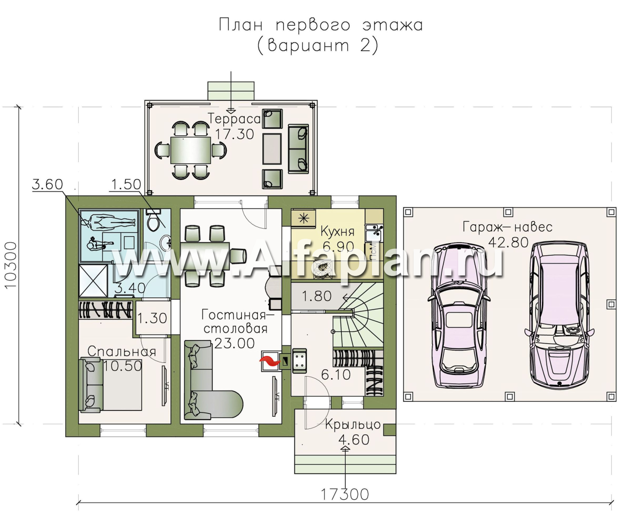 Проекты домов Альфаплан - «Замечательный сосед» - небольшой мансардный дом с гаражом-навесом на два автомобиля - изображение плана проекта №2