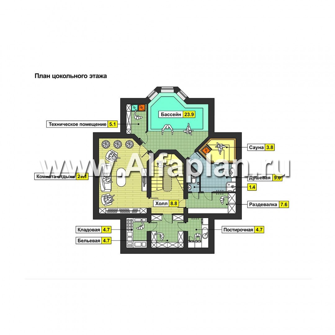 K-122-0 Проект двухэтажного дома, план с гостевой на 1 эт и с террасой,  мастер спальня, сауна и бассейн в цоколе, в стиле эклектика: цена | Купить  готовый проект с фото и планировкой