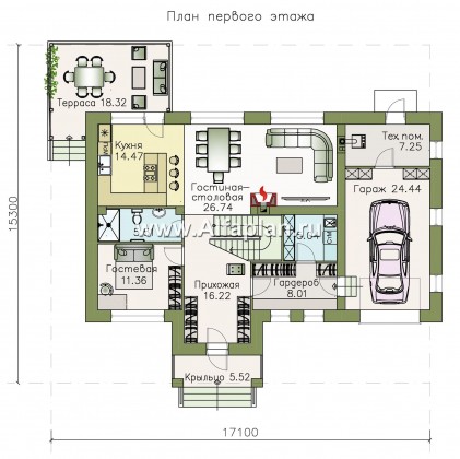 «Галс» - проект дома с мансардой, планировка с мастер спальней, со вторым светом и с террасой, с гаражом на 2 авто - превью план дома