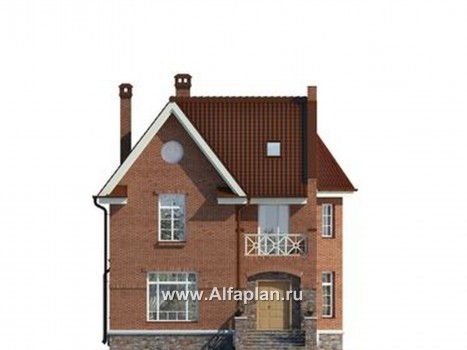 Проект двухэтажного дома, с мансардой, планировка с эркером и с террасой, в английском стиле - превью фасада дома