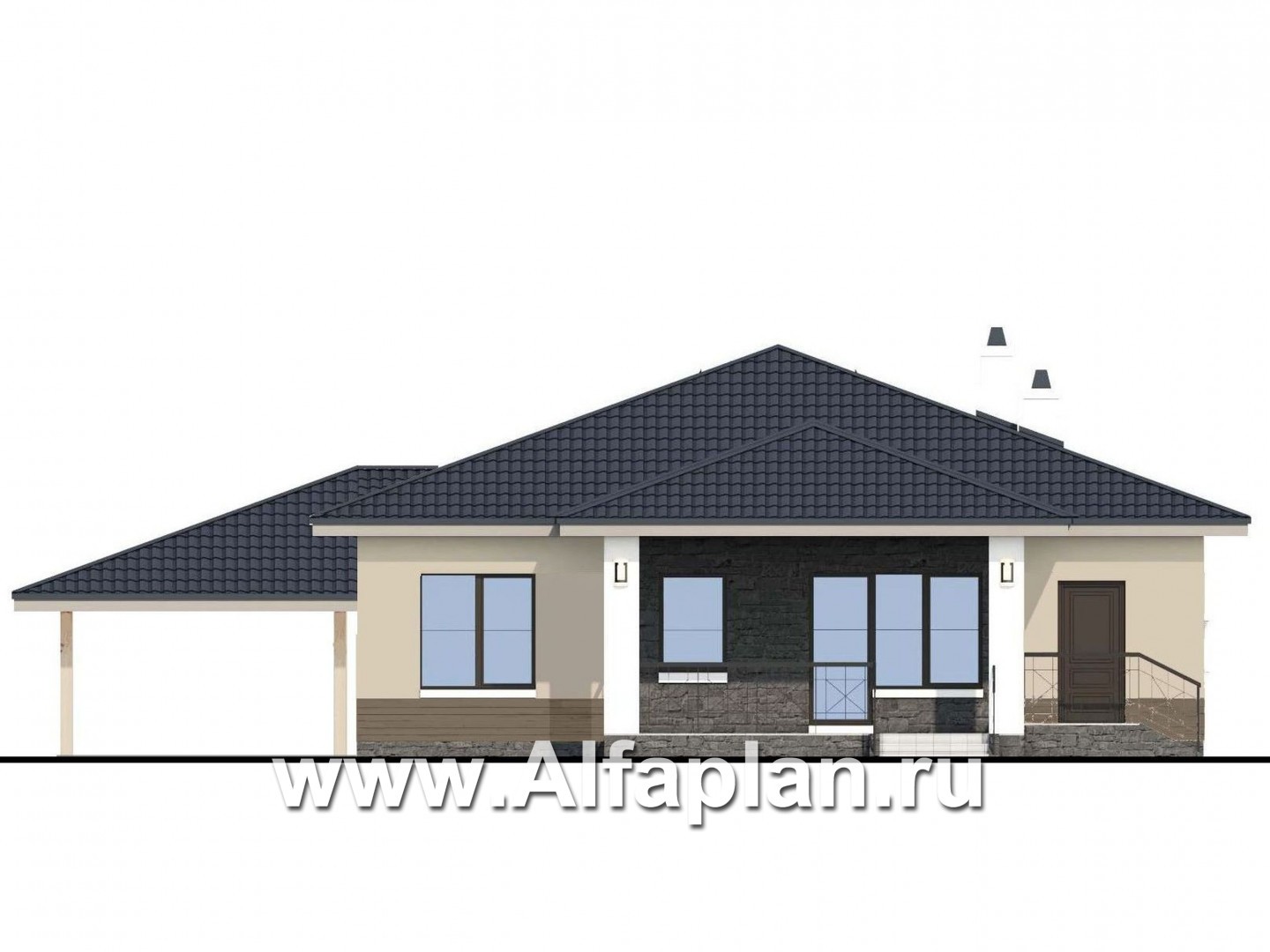 Проекты домов Альфаплан - «Княженика» - экономичный одноэтажный дом с навесом для машины - изображение фасада №4