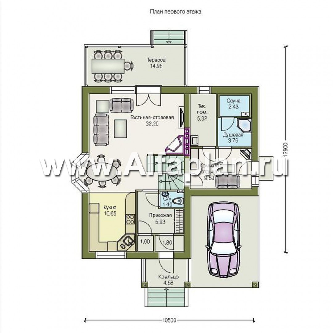 Проекты домов Альфаплан - «Премьера» - компактный дом с навесом для машины - план проекта №1