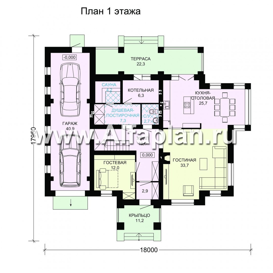 Проект дома с мансардой, планировка с террасой и кабинетом на 1 эт, с гаражом на 2 авто и сауной, в стиле фахверк - план дома