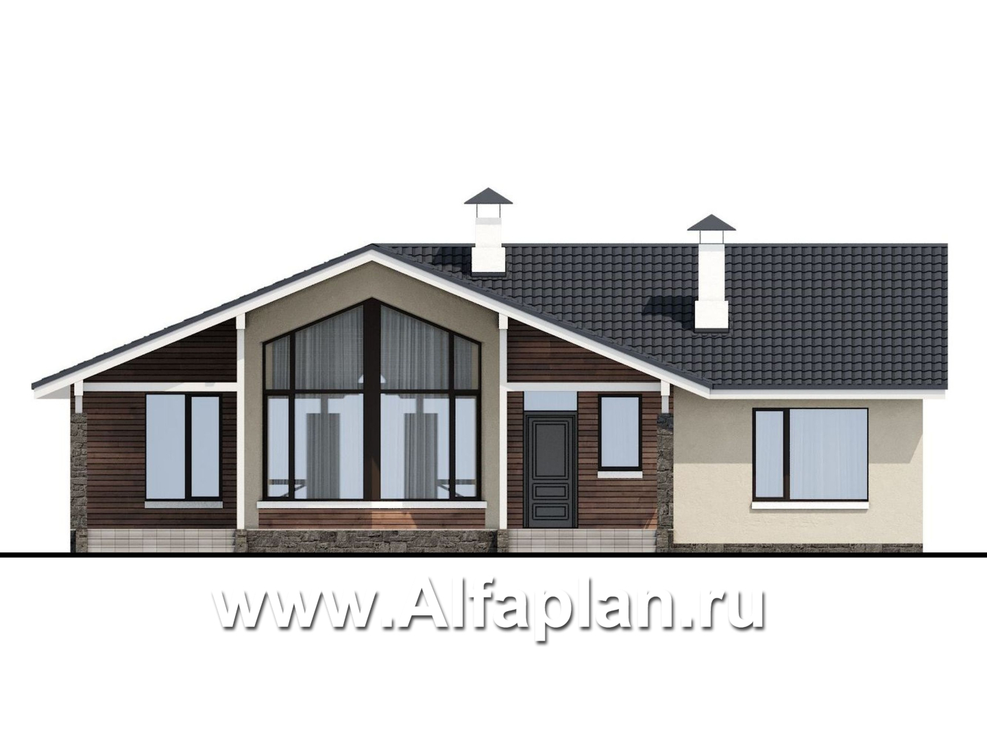Проекты домов Альфаплан - «Яркий мир» - одноэтажный дом с высокой гостиной и просторной террасой - изображение фасада №1