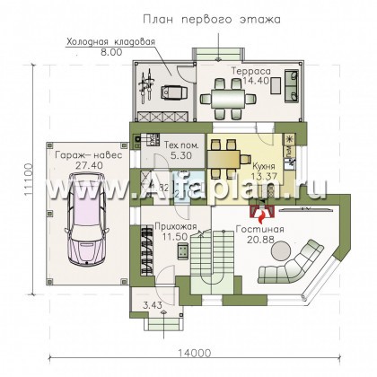Проекты домов Альфаплан - «Сердцеед» - оригинальный и компактный коттедж с гаражом-навесом - превью плана проекта №1