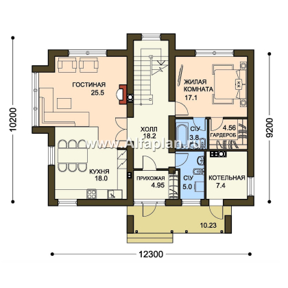 Проект двухэтажного дома, план со спальней на 1 эт, с эркером и с камином, простой в строительстве, в современном стиле - превью план дома