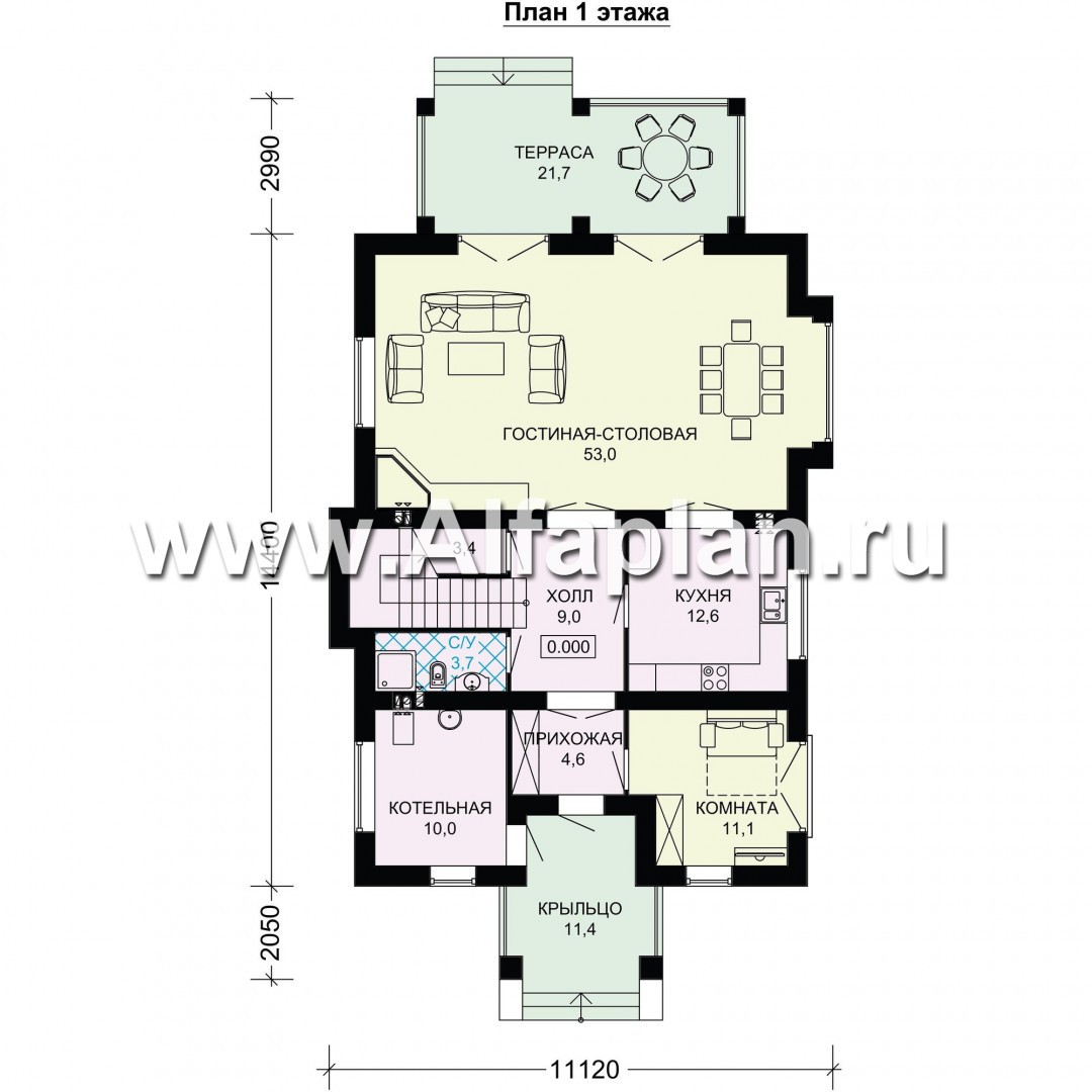 Проект двухэтажного дома из газобетона, планировка с гостевой и спальней на 1 эт, с террасой, в современном стиле - план дома
