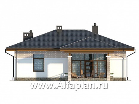 Проект одноэтажного дома, 2 спальни, с террасой, для небольшой семьи - превью фасада дома