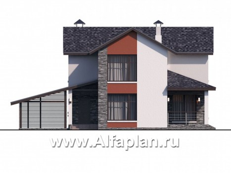 «Медиана» - проект двухэтажного дома из газобетона, с террасой и гаражом-навесом - превью фасада дома