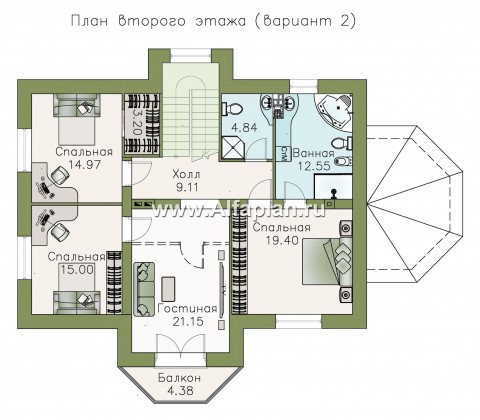 «Ясная поляна» - проект двухэтажного дома, планировка со спальней и кабинетом на 1 эт, с эркером - превью план дома