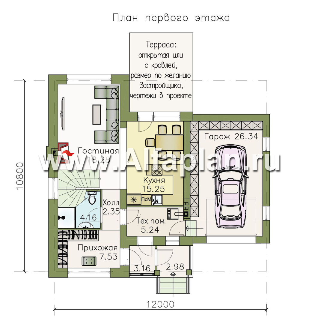 Проекты домов Альфаплан - «Каюткомпания» - экономичный дом для небольшой семьи с гаражом - план проекта №1