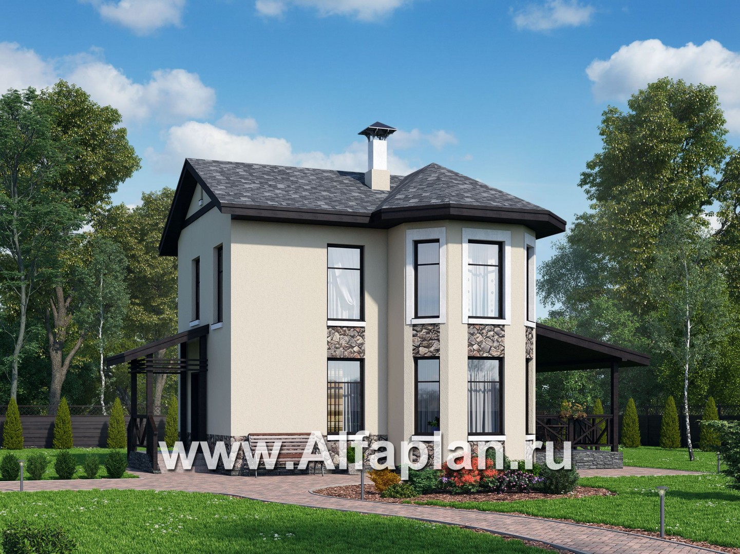 Проекты домов Альфаплан - "Озерный" - проект каркасной дачи с террасой - основное изображение