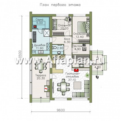 Проекты домов Альфаплан - «Йота» - каркасный дом с сауной - превью плана проекта №1